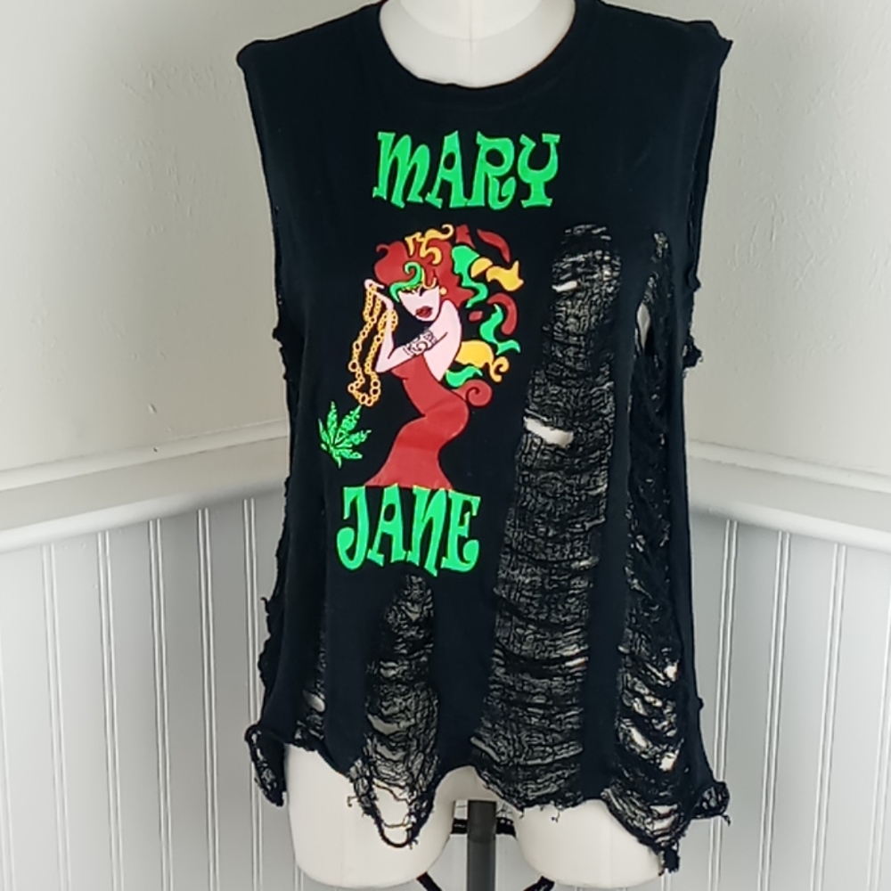 Mary Jane Shredded Sleeveless Graphic Tee